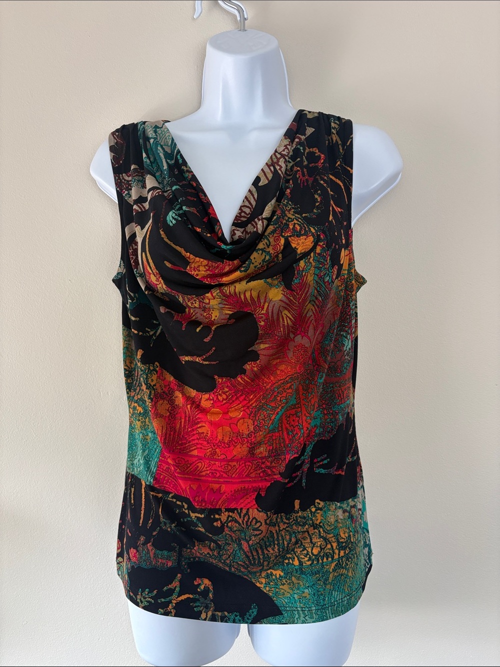 Calvin Klein Black Cowl Neck Floral Paisley Camisole with Red and Teal Accents